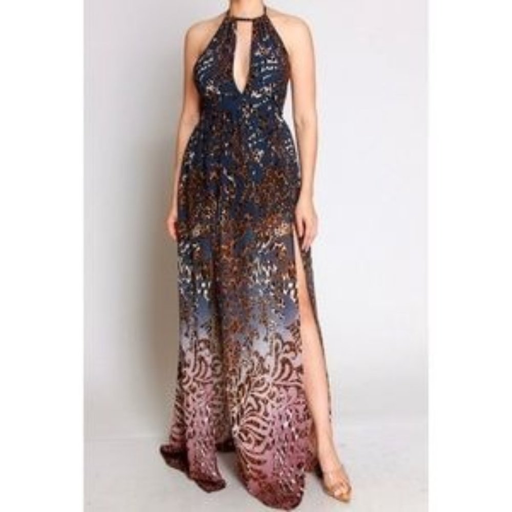 Multi Animal Print Halter Dress - Size Small - Gradient Blue Purple - NWOT